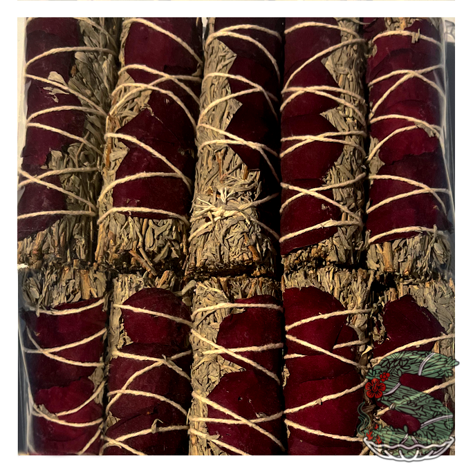 Blue Sage with Red Rose Petals Smudge Sticks (4")